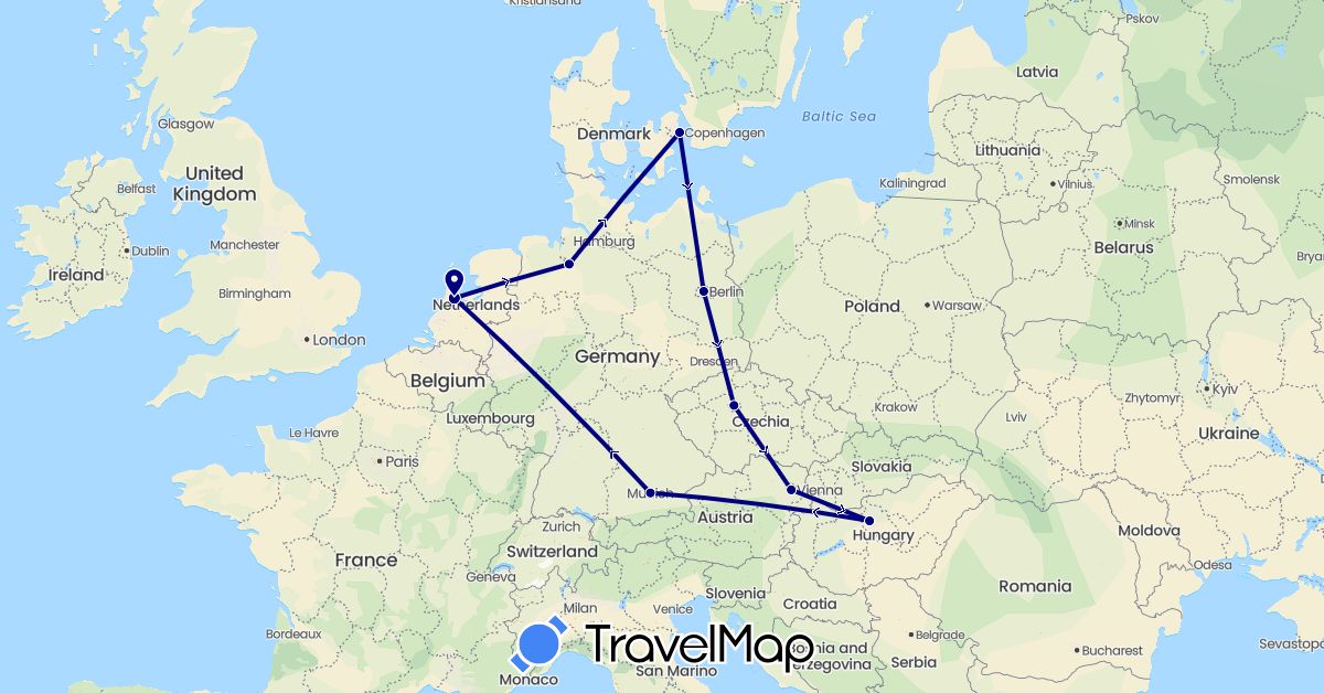 TravelMap itinerary: driving in Austria, Czech Republic, Germany, Denmark, Hungary, Netherlands (Europe)